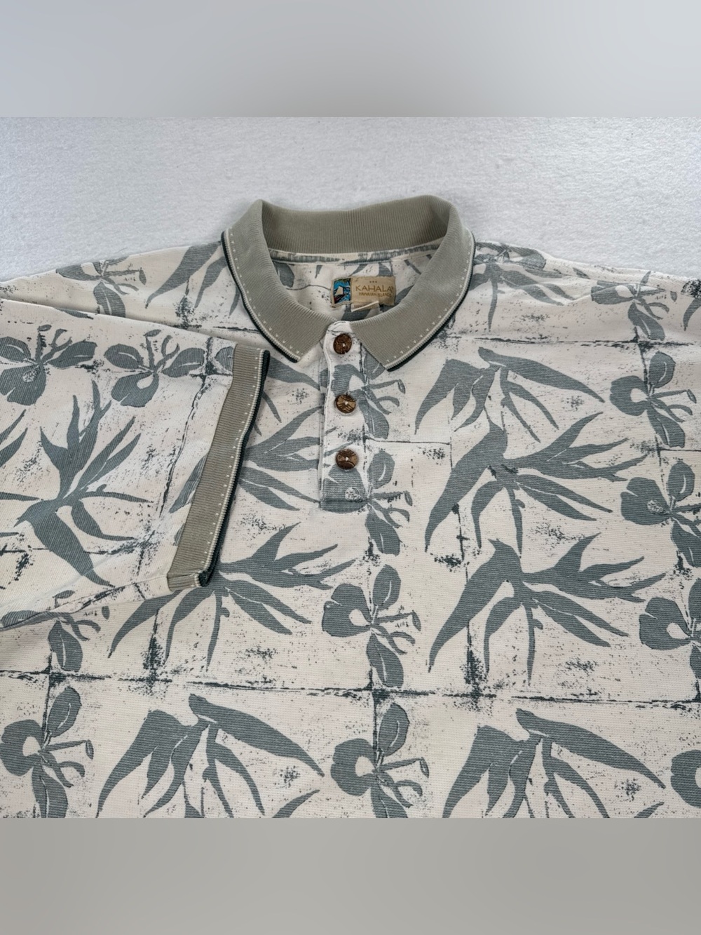 Kahala Polo Shirt Mens XL Tan Floral Hawaiian Aloha Beach Cotton VTG Made In USA